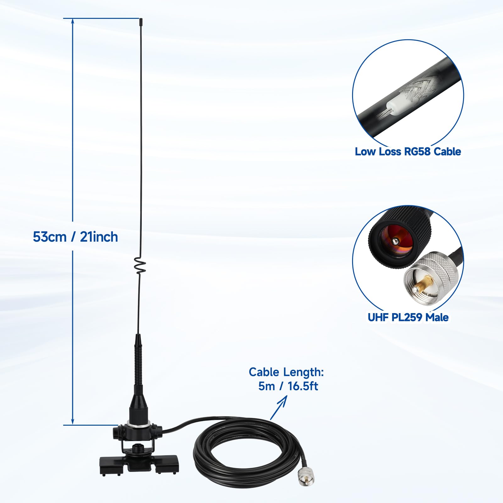 Bingfu Antena Radio Móvil VHF UHF Banda Dual (136-174 MHz y 400-460 MHz), 53cm, con Soporte para Radioaficionado y Conector PL259, Cable de 5m para Radios Bidireccionales y Dispositivos de Amateur