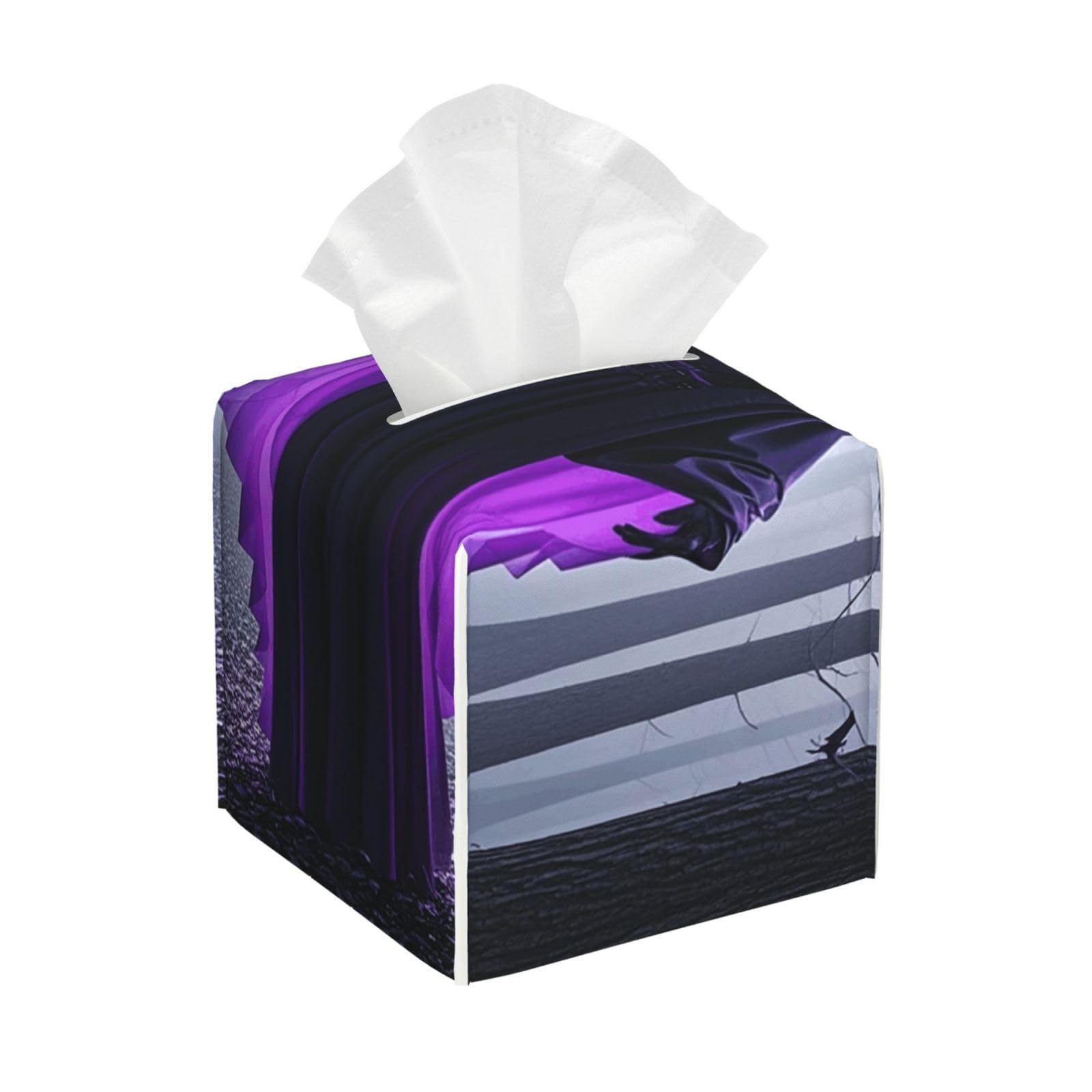 Pu Leather Cube Tissue Box Holders Modern Waterproof Square Tissue Box Cover Purple Black Goth Spooky Facial Paper Holder for Bathroom Kitchen Nightstand Office Home Decor