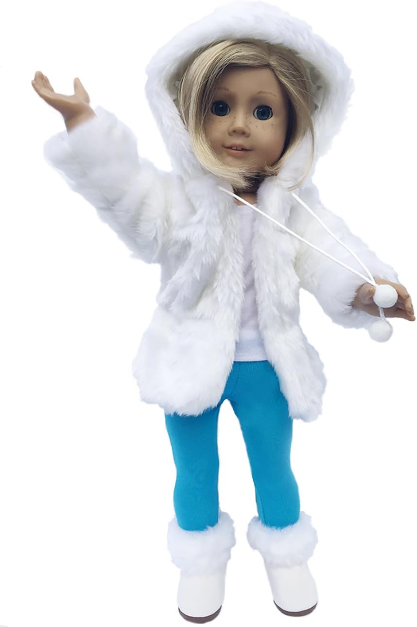 18" Doll Winter Snow Coat - 3 pc Deluxe Set - 18" Doll Clothes: Fashion Winter Coat with Pom Poms - Leggings - White Fuzzy Boots - Designed USA!!!