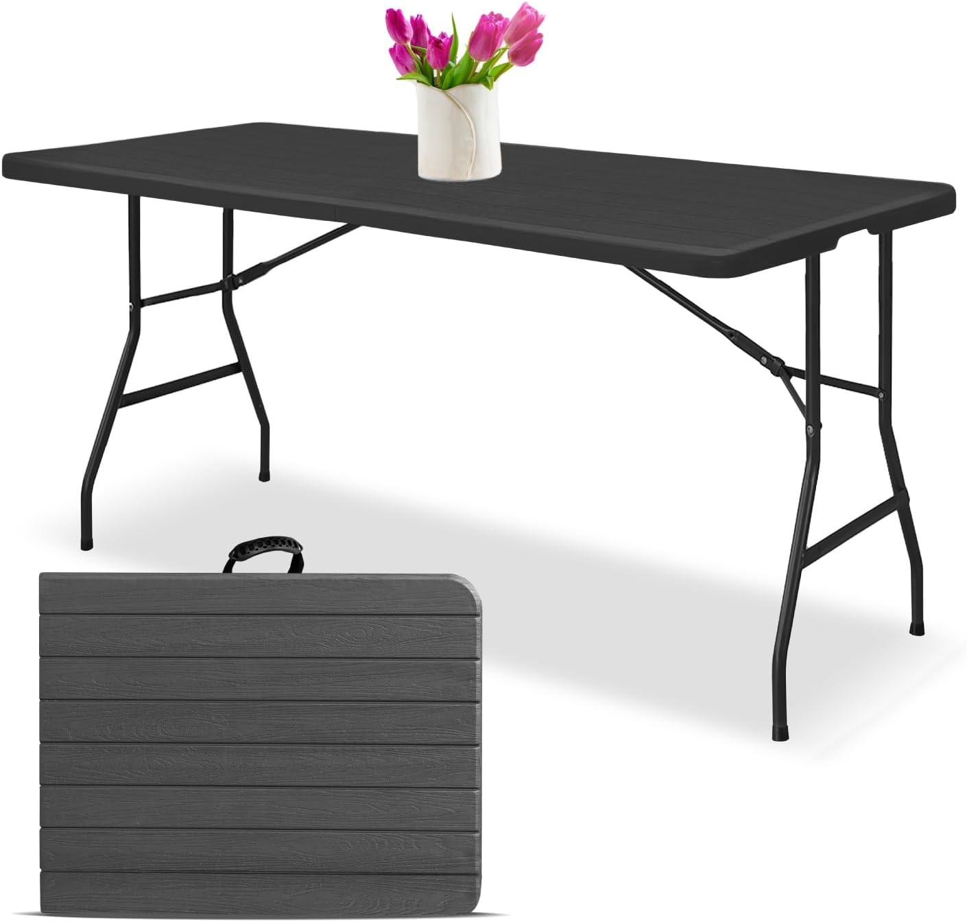 EconoHome Woodgrain 6ft Folding Table with Handle | Heavy-Duty Foldable Table | Portable Table for Indoor & Outdoor Use | Perfect for Events, Camping, Parties, Dining & More