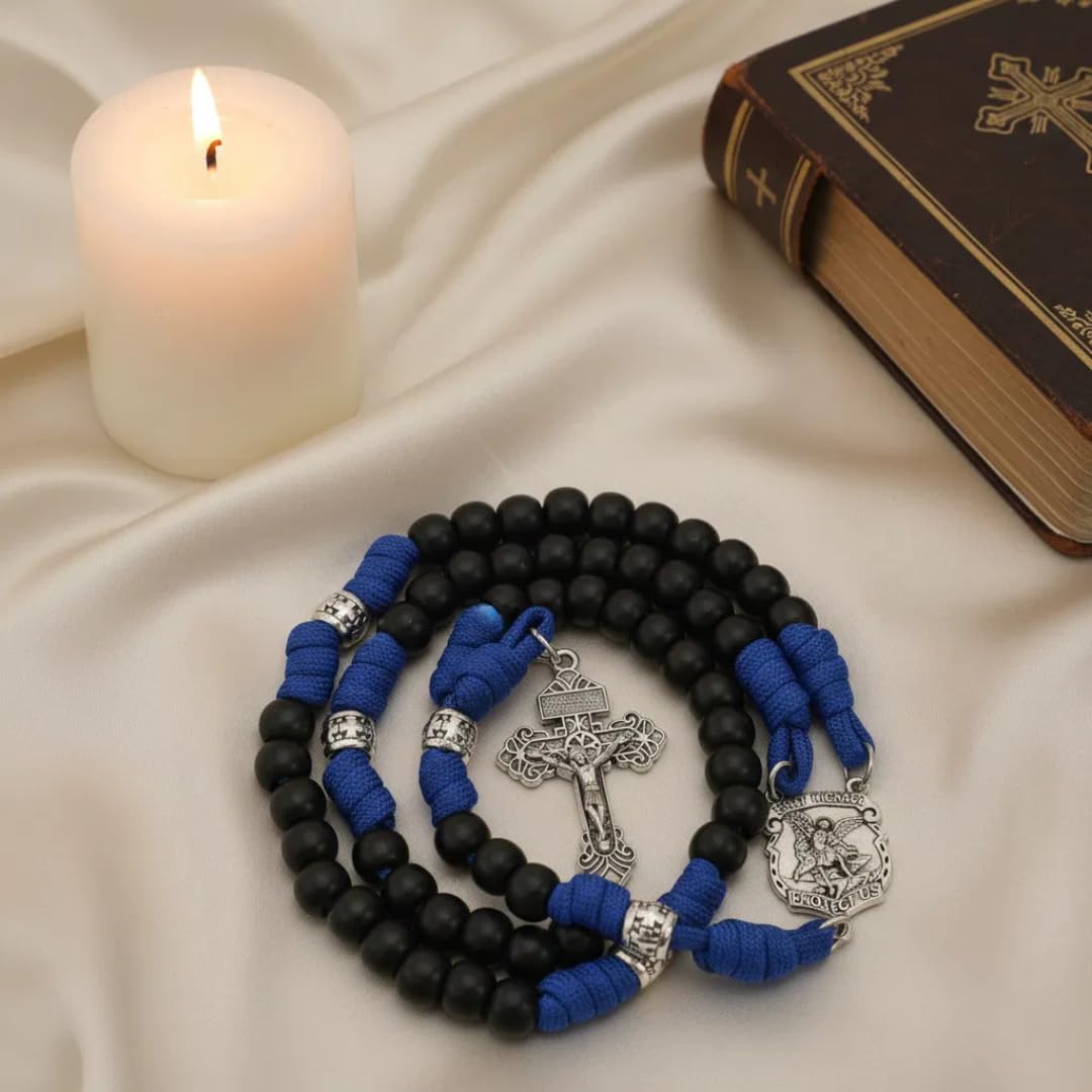 Nazareth Store Collana con rosario in paracord, perline in metallo resistente da 10 mm, rosario cattolico del Padre Nostro con crocifisso del perdono