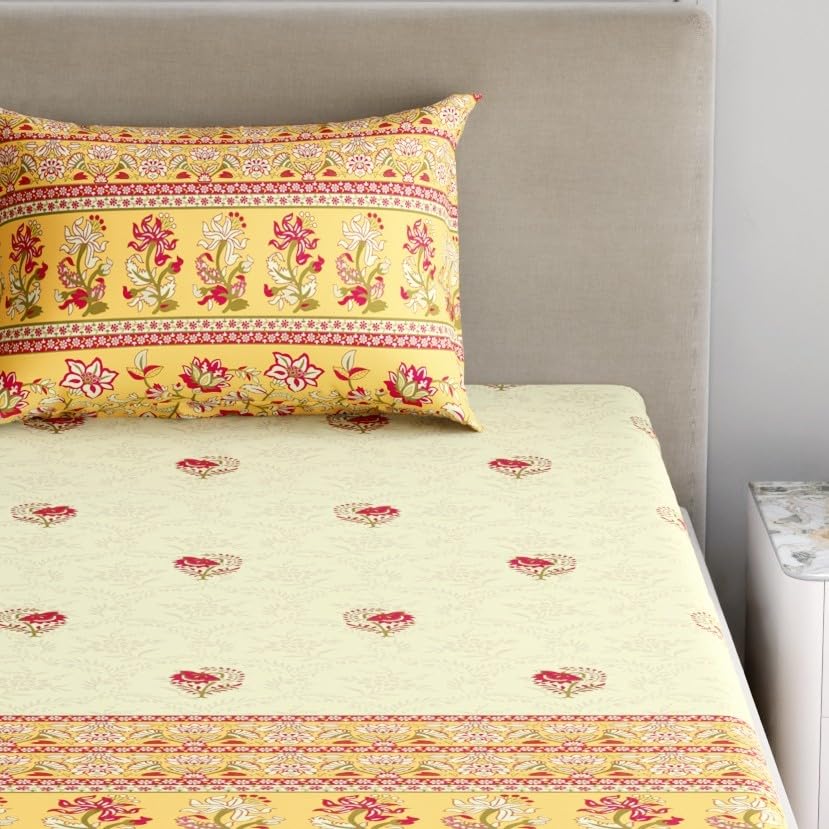 Image of Home Ecstasy 100% Cotton Single Bedsheet with 1 Pillow Cover - (Size 59 x 87 inches, TC, Colour - Yellow)