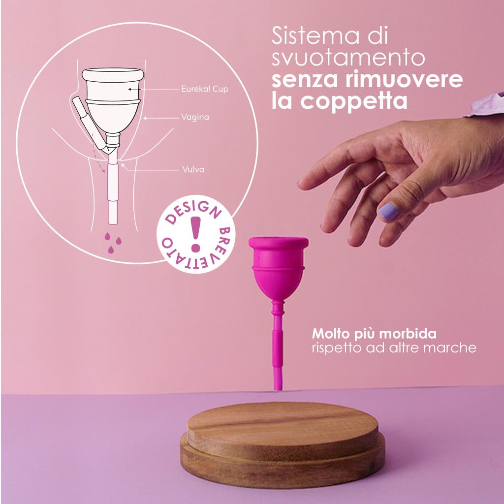 EUREKA! Cup | Coppetta Mestruale | Realizzato con Silicone Medico al 100% | L'unica Coppetta Mestruale Svuotabile Senza Rimuoverla | Riutilizzabile e Facile da Pulire (S)