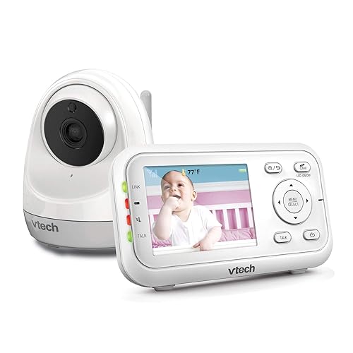 VTech Monitor de bebé de video digital de 2.8 pulgadas con cámara panorámica e inclinable, visión nocturna a todo color y automática, color blanco