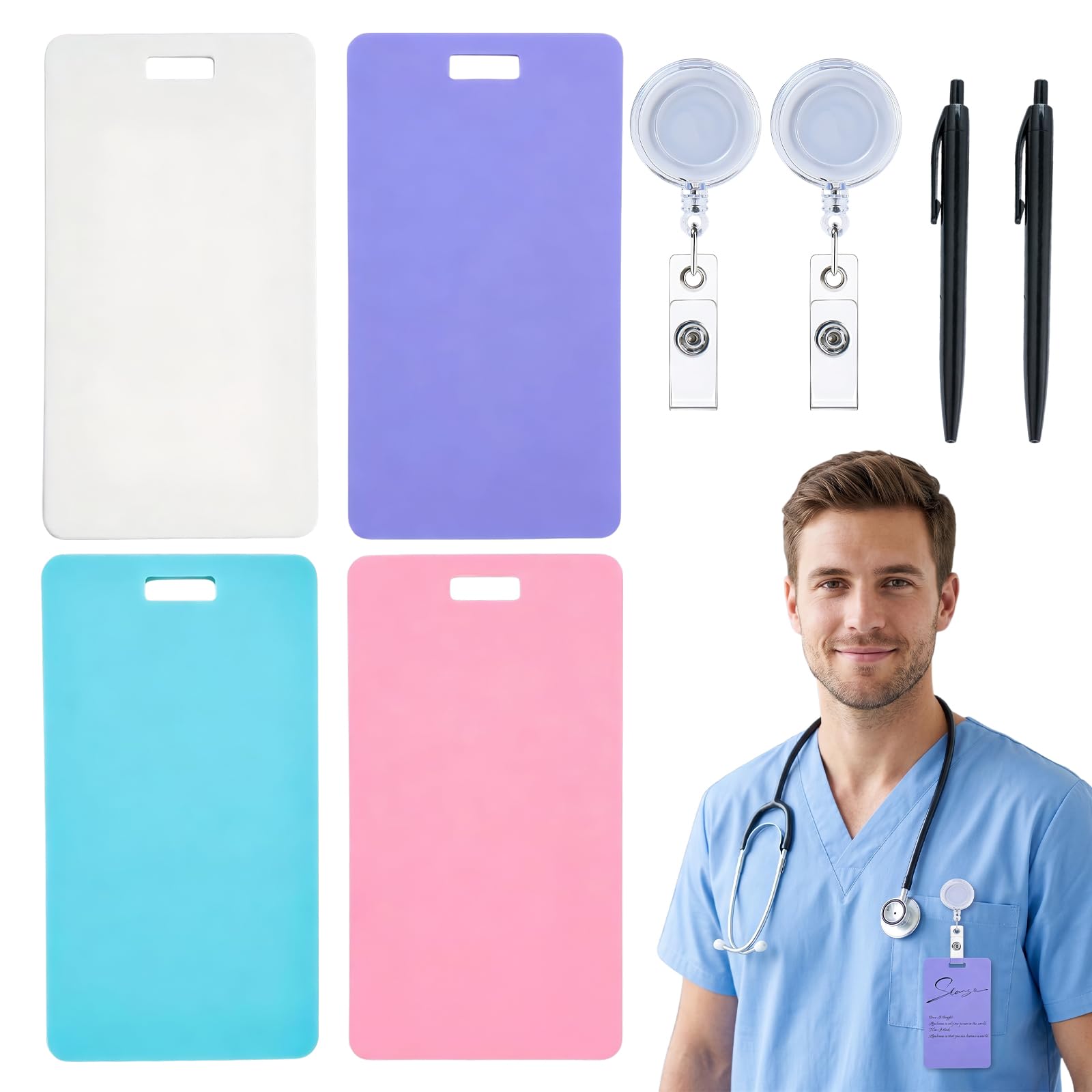 4 Pcs Erasable Badge Note with Clip and Pen Reusable Silicone Mini Badge Note Whiteboard Portable Vertical Erasable Memo Notepad for Nurses Doctors Teachers