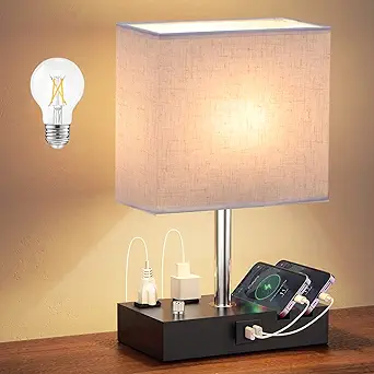 EVISTR Fully Dimmable Table Lamp for Bedroom Living Room Dual USB Port Bedside Lamp for Nightstand Desk Lamps with Charging Station 2 Power Outlets, Fabric Lampshade LED Bulb Included (Black/Beige)