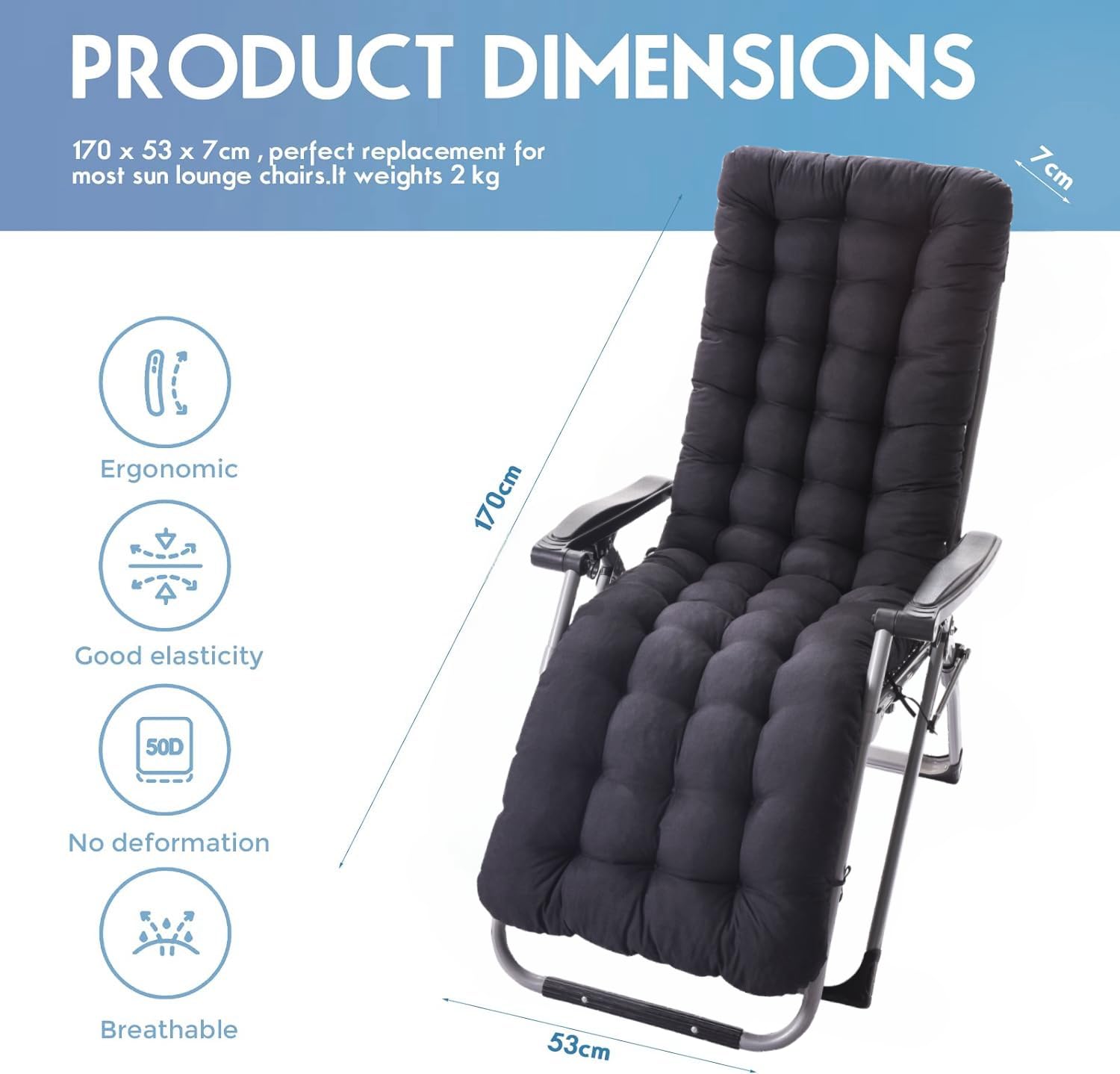 AevQuas Sun Lounger Cushions Only, 170 x 53 cm Rocking Chair Cushion with 6 Ties and Fixed Top Cover Anti-Slip Sunbed Garden Recliner Chair Cushion for Outdoor Beach Porch Swing Patio (No Chair) - Image 2