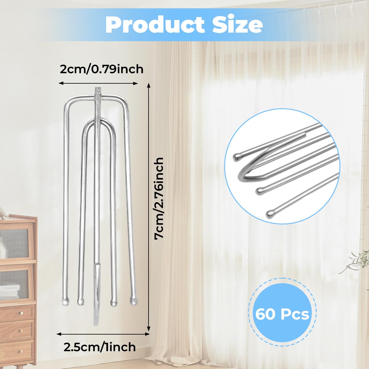 Crochets de Rideau en Acier Inoxydable 60 Pièces, Crochet Métal épais pour Rideau à Plis pincés, Porte et Douche