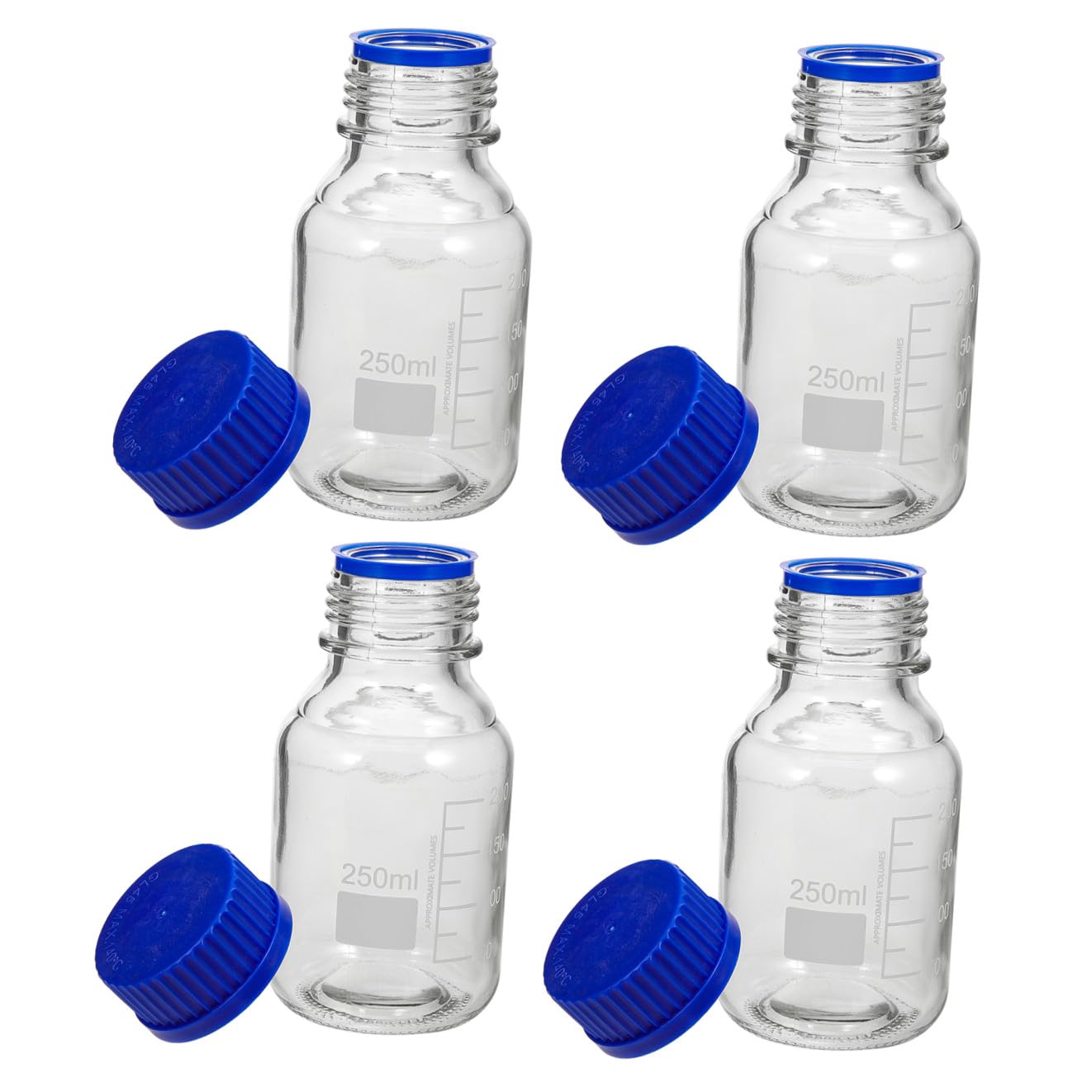 Ipetboom 4 Pezzi Flaconi di Reagente in Vetro Trasparente 250ml con Tappo a Vite Blu, Bottiglie Graduati per Conservazione Liquidi e Reagenti, Adatti per Laboratorio, Uso Industriale