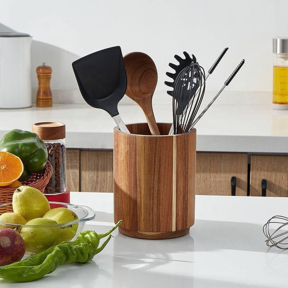 FAVERDIIY Wood Kitchen Utensil Holder, Rotating Storage Caddy, Countertop Organiser for Cutlery and Cooking Tools