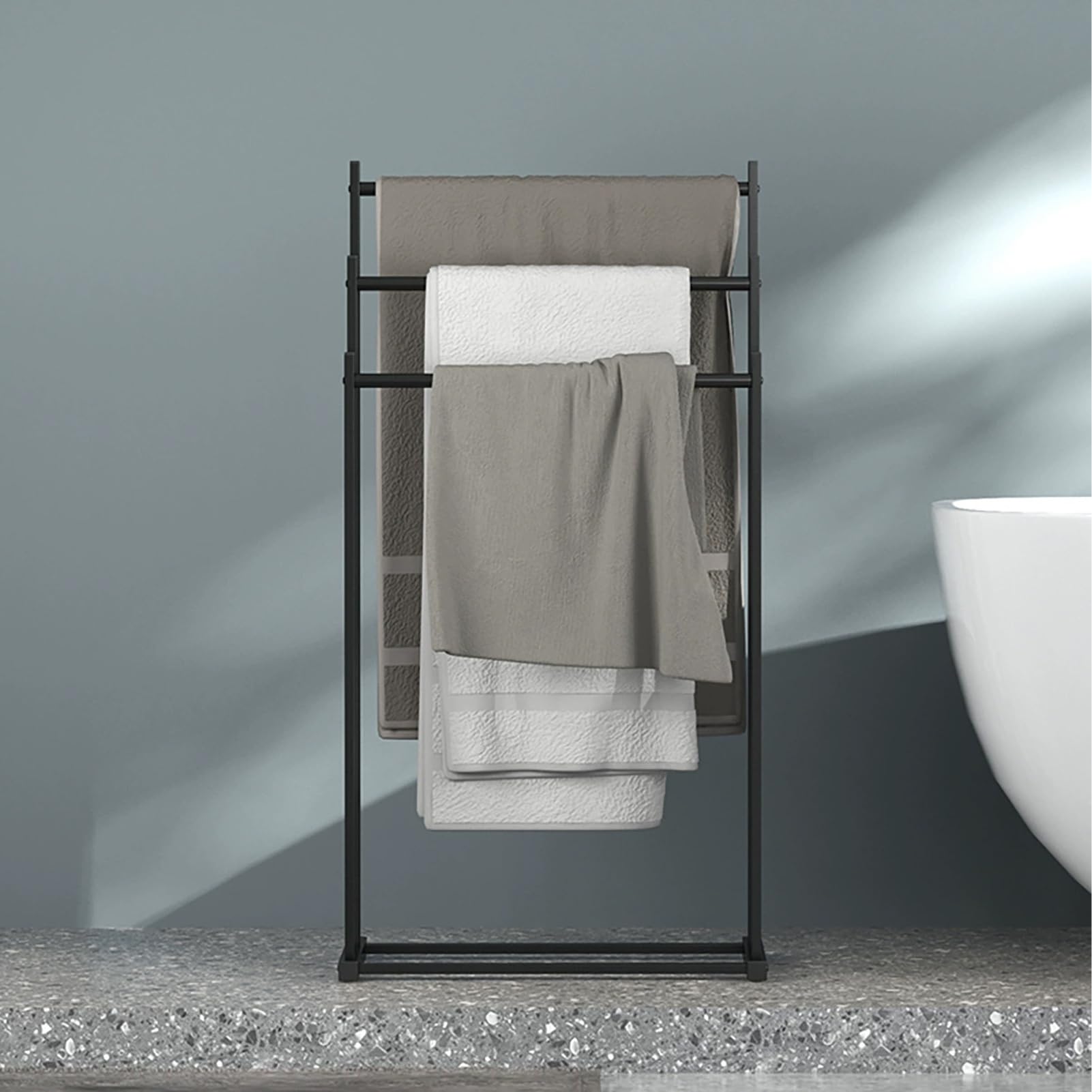 Portasciugamani da terra con ripiani portaoggetti, moderno stendibiancheria per bagno e uso esterno