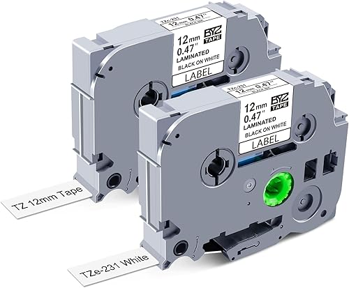 Paquete de 2 cintas TZ de 0.47 pulgadas laminadas blancas compatibles con Brother P Touch TZe-231 TZe231 Cinta para etiquetadora Brother PTouch