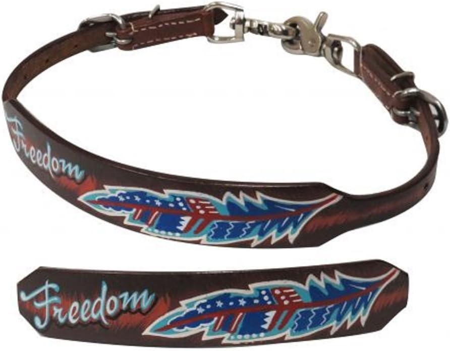 Showman Adjustable Medium Leather Wither Strap with Red White Blue Painted Freedom Feather Design Snaps