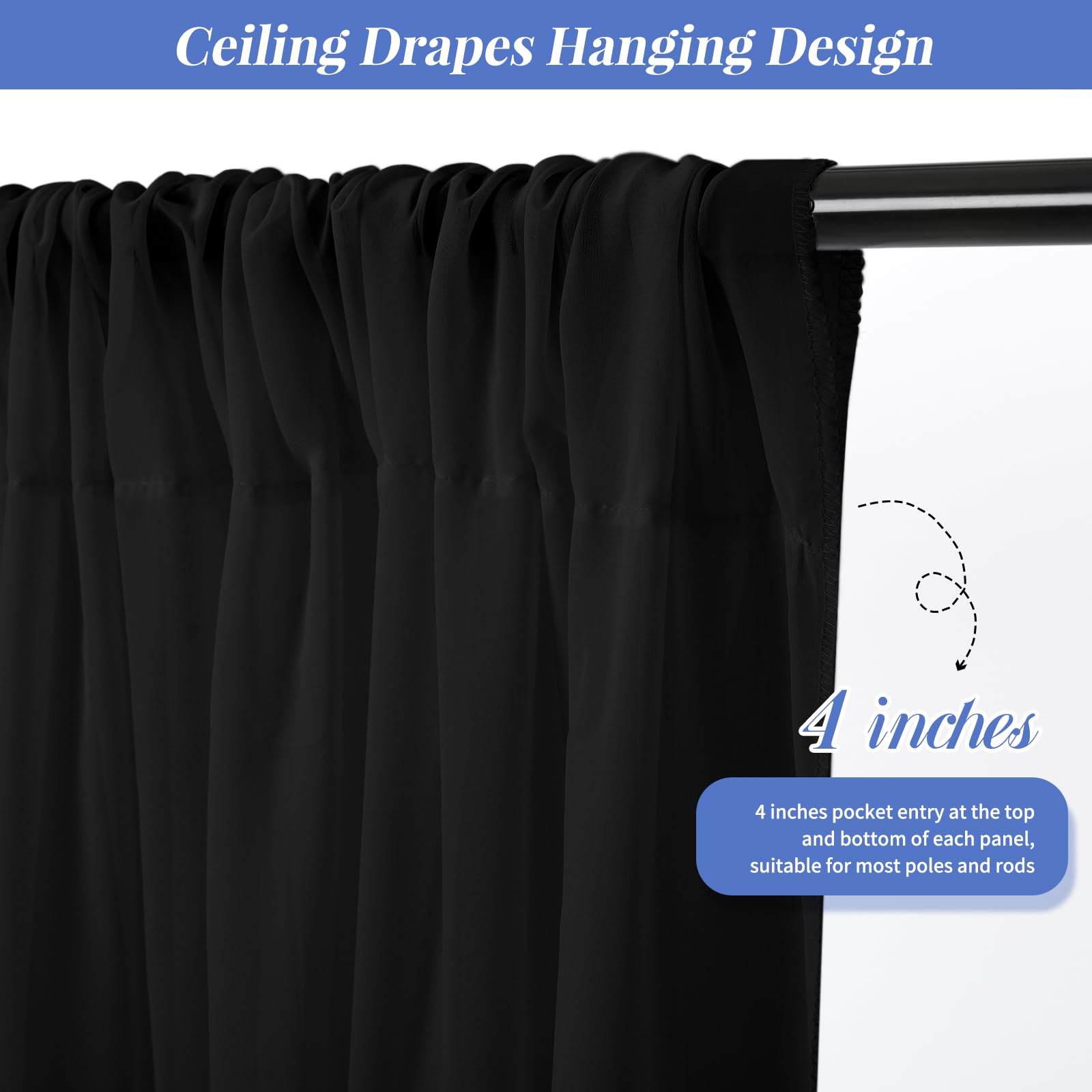 6 paneles de cortinas de techo negras para boda, cortinas de techo de 5 x 20 pies, cortinas transparentes de tela de gasa para decoración de techo de boda, ceremonia, escenario de boda