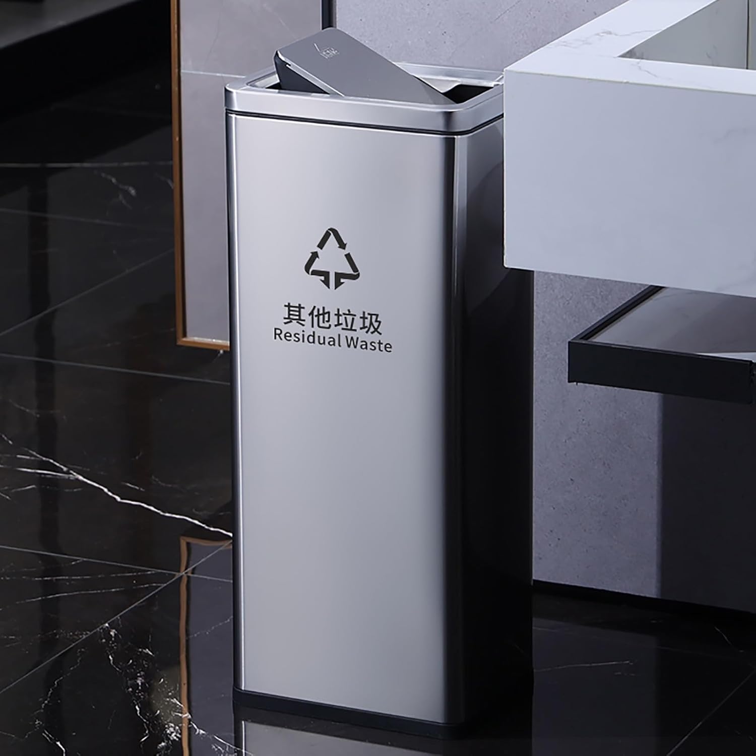 30L Commercial Trash Can with Swing Lid, Trash Bin Stainless Steel, Garbage Bin for Office & Business(Black)