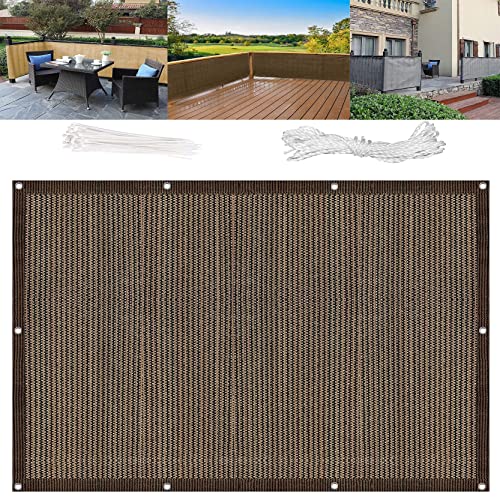 AMZYU Balkon Sichtschutz Ohne Bohren 140 x 700 cm Sonnensegel Schattentuch Garten Leicht Transparent Polyester mit Ösen, Nylon Kabelbinder und Kordel für Balkongeländer Garten, Braun