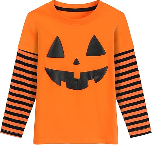 Camiseta de Halloween para niños pequeños y niñas, con cara de calabaza que brilla en la oscuridad, esqueleto y dinosaurio, camiseta de manga larga
