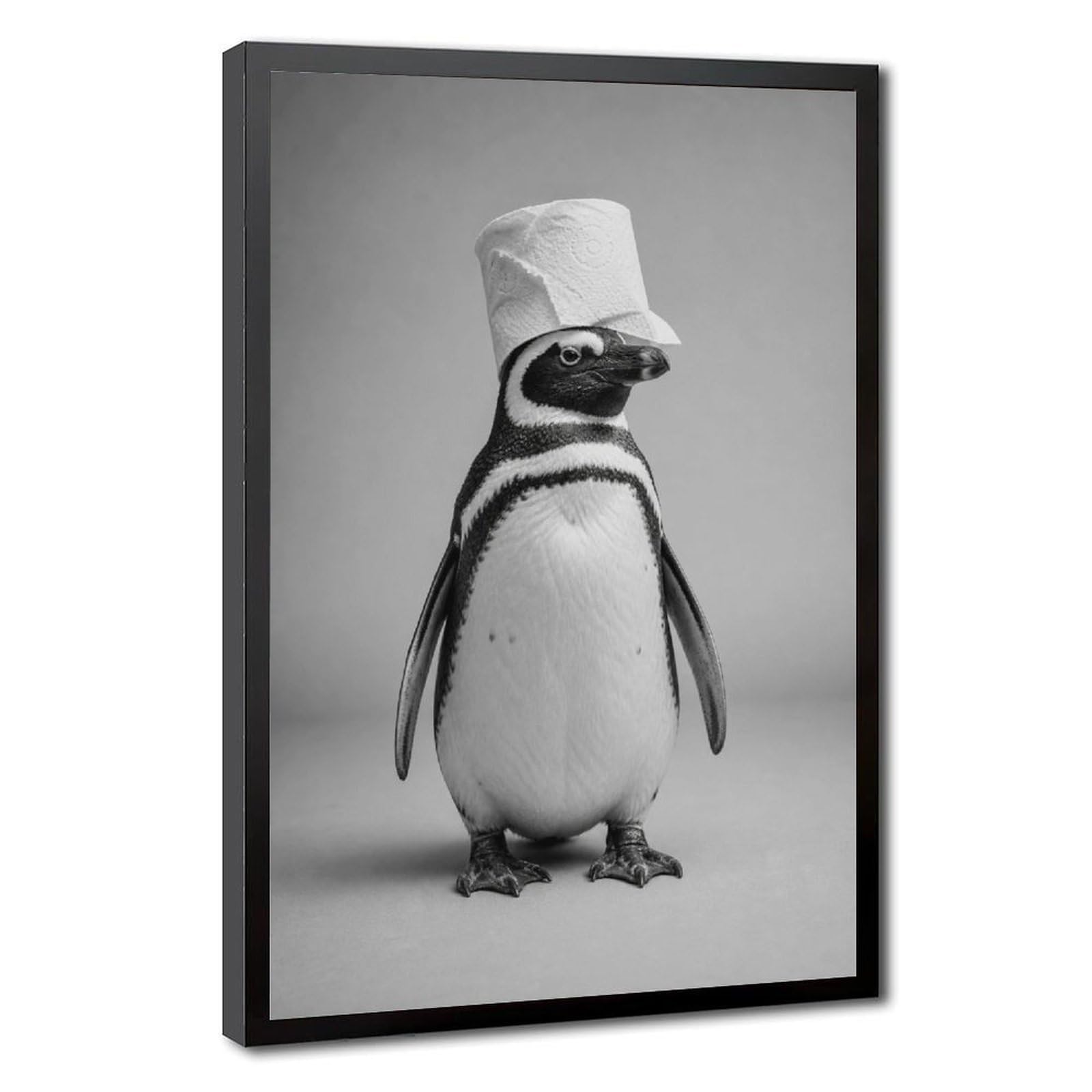 Minimalistischer, einfarbiger Pinguin mit Toilettenpapierhut, schlichter grauer Hintergrund, Leinwand-Kunst-Poster, humorvoll, niedlicher Tier-Porträtdruck, Neuheit, Wanddekoration für Badezimmer