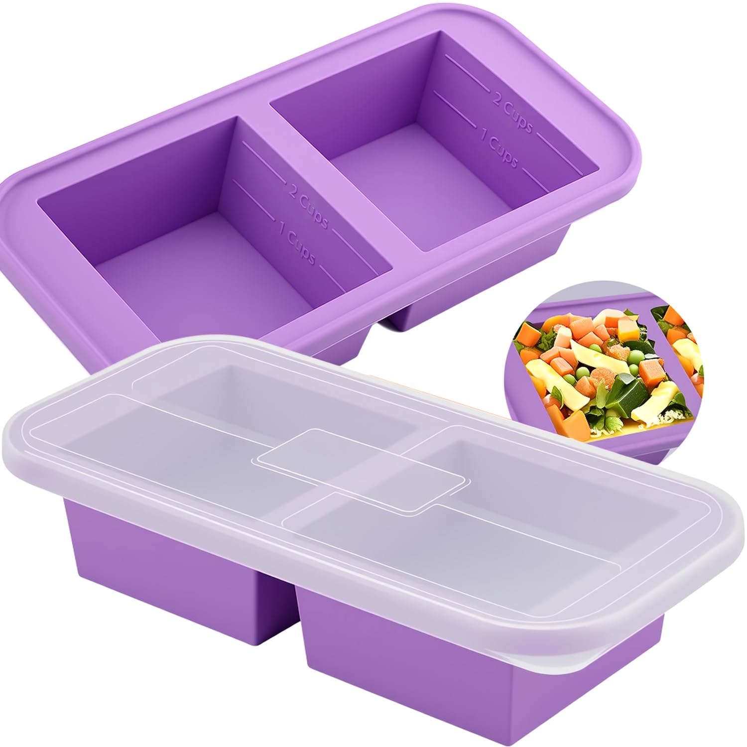 2 Pack Silicone Freezer Tray with Lids - 2 Cup
