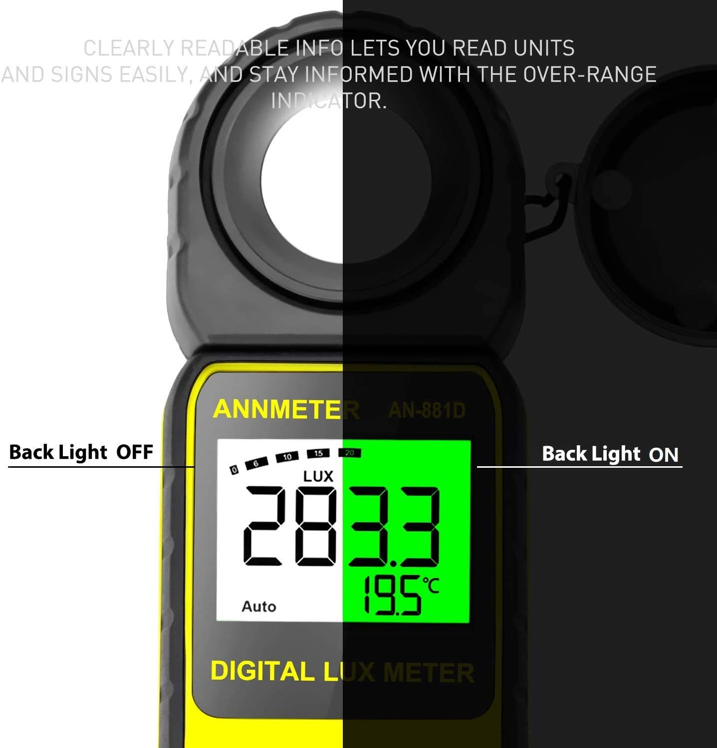 AIOMEST Luxmetro Digitale Portatile, Rilevatore di 0,01~400.000 Lux Rotante, Misuratore di Illuminamento a 270° per Luce di Crescita Delle Piante, Luci esterne per Interni, Acquario, AI-881D, Giallo