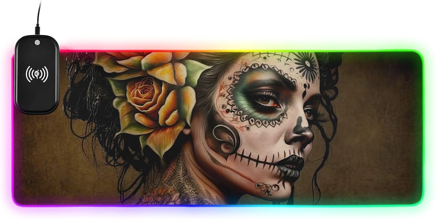 Wireless Charging Gaming Mouse Pad, RGB LED Extended Mouse Mat Personalized Pattern (Mexican Skull Makeup Girl) with 14 Light Effects for Desk