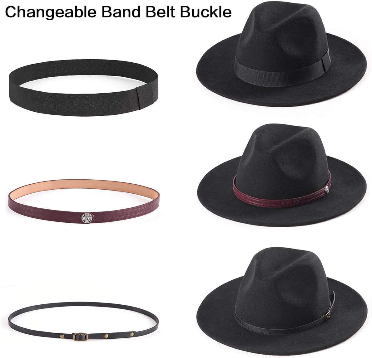 Felt Wide Brim Fedora Hats for Women Men, with Band Belt Buckle, Adjustable - Image 2