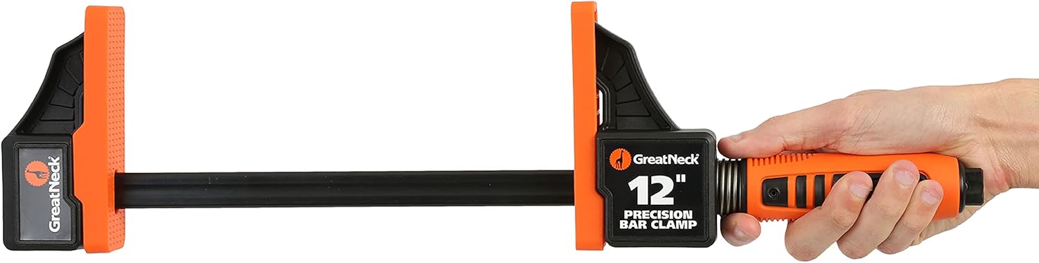 GreatNeck 74291 12-Inch Precision Bar Clamps, Sliding Bar Clamp, Carpenter Clamp, Wood Clamps for Woodworking, Twist Locking Mechanism, Orange, 2 Pack
