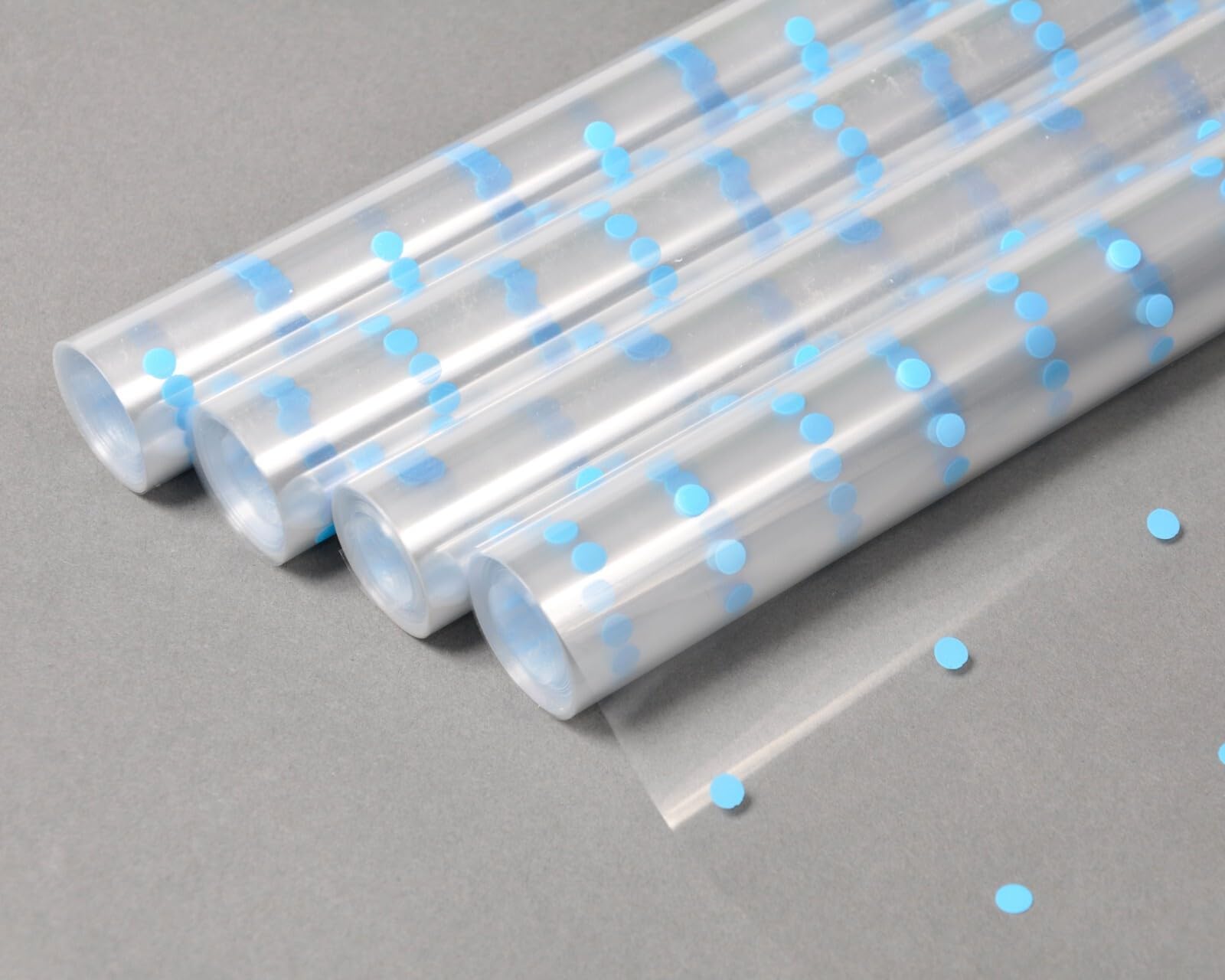 Cellophane Wrap Hamper Florist Film - 800mm Wide x 10m Long - 4 Rolls (40m) - Blue Dot | Wrapping Paper & Gift Wrap for Bouquets, Baskets & Hampers – Supplied On a Roll with No Cardboard Core