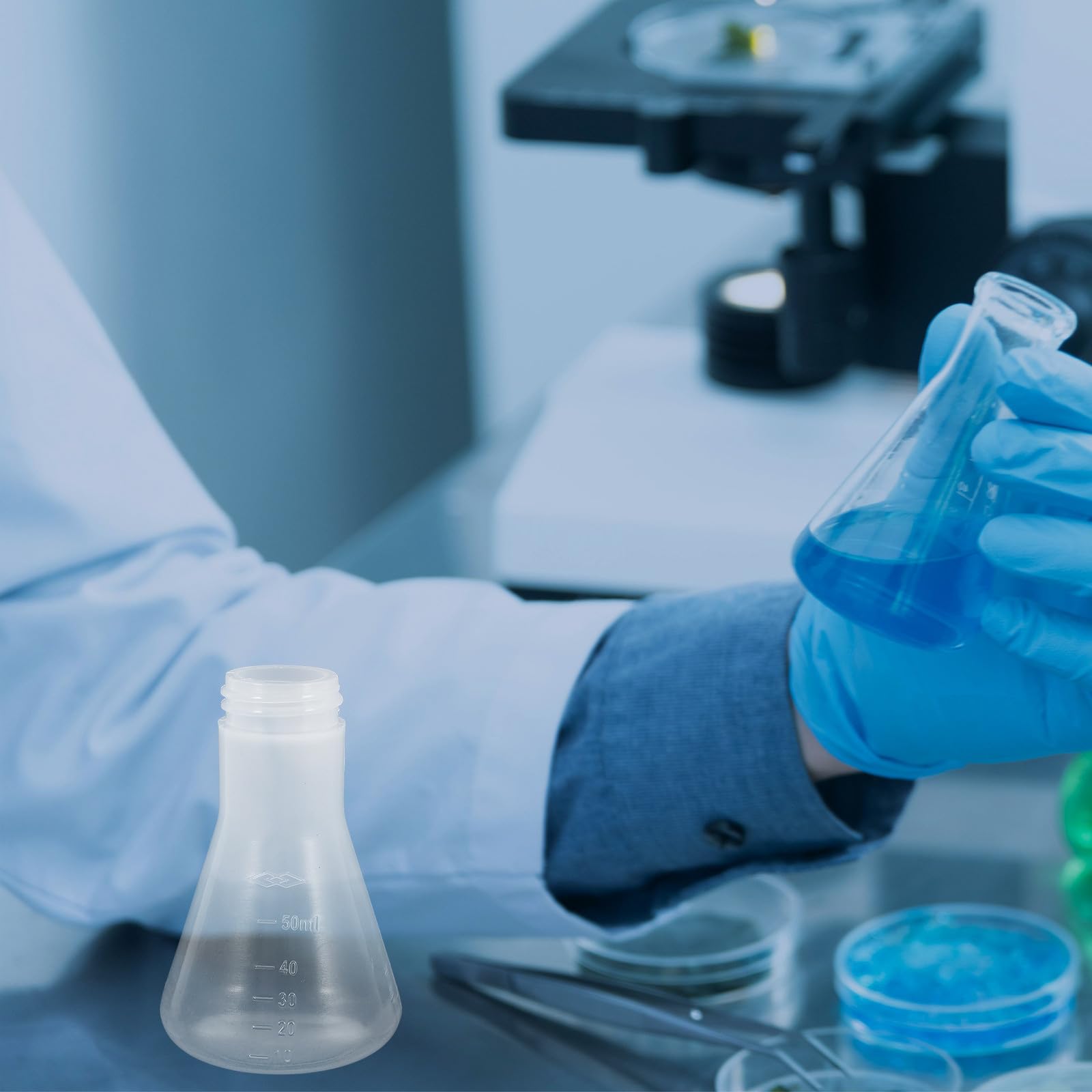 Konischer Erlenmeyerkolben mit Weiter Öffnung und Schutzkappe aus Kunststoff 4 Stück 50ml Chemie Kolben für Labor und Chemische Experimente