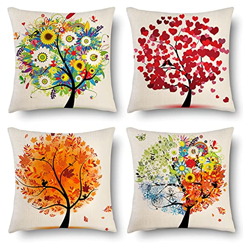 INKARO Lot de 4 Housses de Coussin décoratives en Lin - Motif géométrique - pour la Maison et Le canapé, la Chambre à Coucher - Décoration d'arbre (Arbre Coloré.), 45 x 45 cm, (INBZ4T) Cover