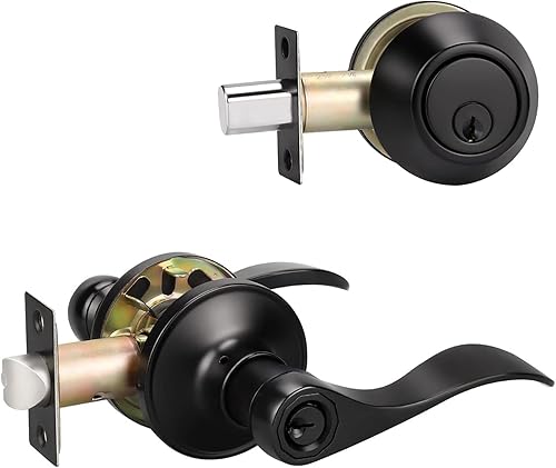 Miniatura 8 de KNOBWELL Juego de 2 manijas de puerta delantera con igual llave y cerrojo para puerta exterior, juego de cerrojos de un solo cilindro, bronce