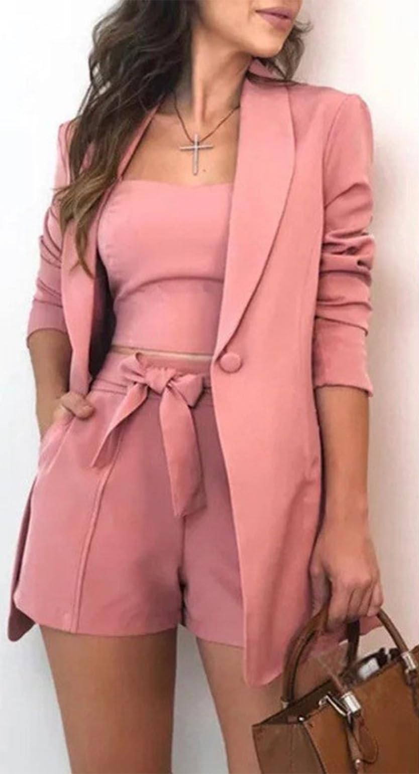 Donna Estate Suit 2-Piece Set Giacca con Risvolto a Scialle e Pantaloncini (con Cintura) per i Vestiti Casual di Tutti i Giorni