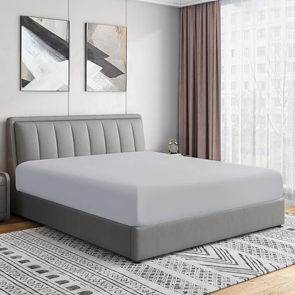 Bottom Fitted Sheets Stretches Up to 25cm Deep Mattress Pocket 100% Pure Egyptian Cotton 200 Thread Count Fitted Bedsheet Soft & Comfortable Hotel Quality Bottom Sheets (Silver, King)