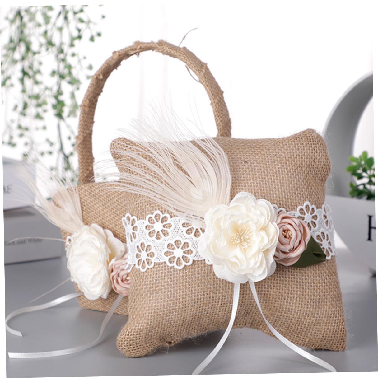 CLISPEED Ringkissen Blumenkorb Satz aus Leinen für Hochzeiten mit Künstlichen Blumen Robust und Dekorativ für Blumenmädchen bei Trauungen