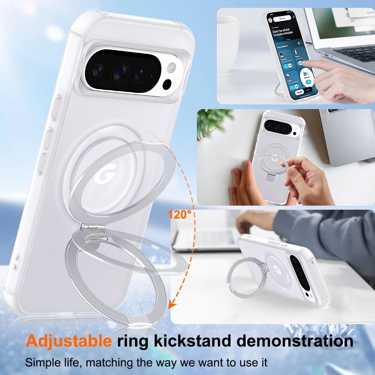 magnetic compatible with google pixel 10 & pixel 10 pro case with stand [military grade drop tested][compatible with magnet] ring translucent slim hard back soft edge, white white pixel 10/10 pro