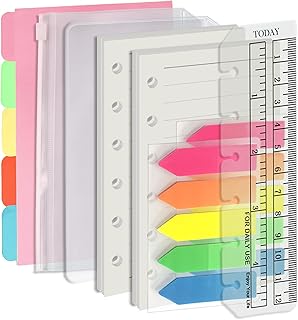 A7 6 Holes Binder Refill Value Set, 90sheets rulled line loose leaf paper with stickers and dividers, planner inserts with binder pockets for A7 binder 6 holes refillable notebook,005dA7line