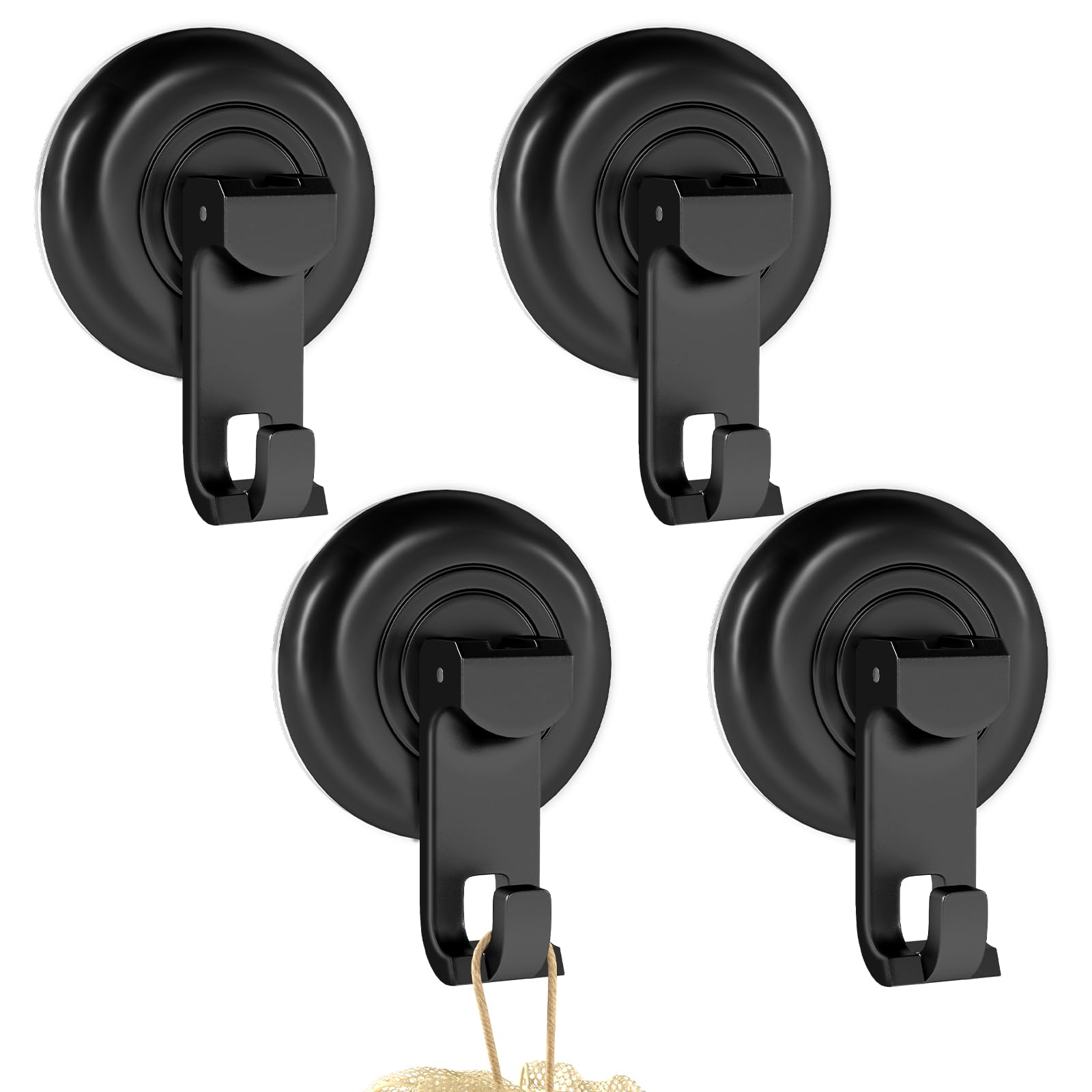STWWO Suction Cup Hooks for Shower, Powerful Vacuum Suction Cup Hook for Towel, Robe, Loofah, No Hole Punched, Reusable Bathroom Towel Hooks, Black, 4 Pack