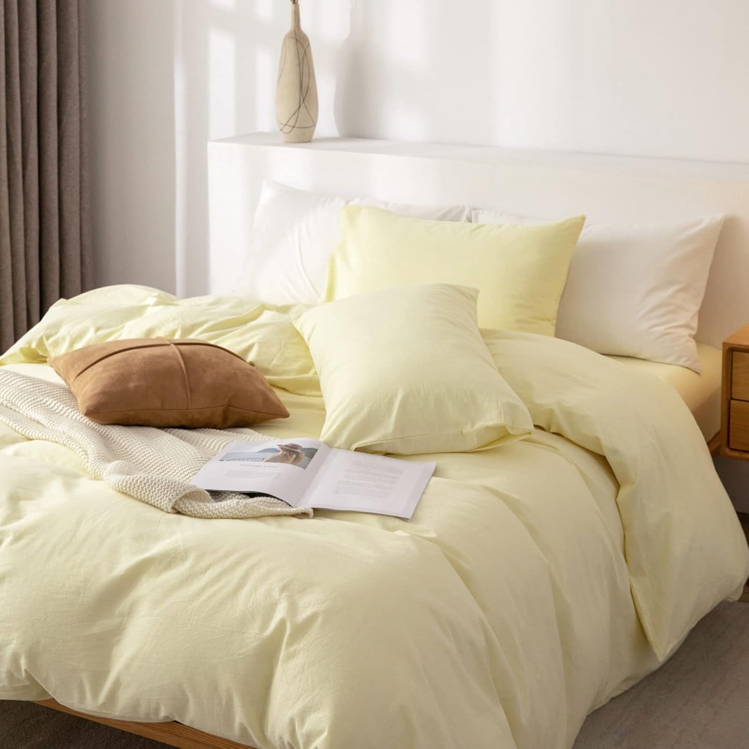 King Duvet Cover Set- 100% Washed Cotton 3 Pcs Soft Comfy Breathable Chic Linen Feel Bedding, 1 Duvet Cover and 2 Pillow Shams, Pale Yellow - Image 3