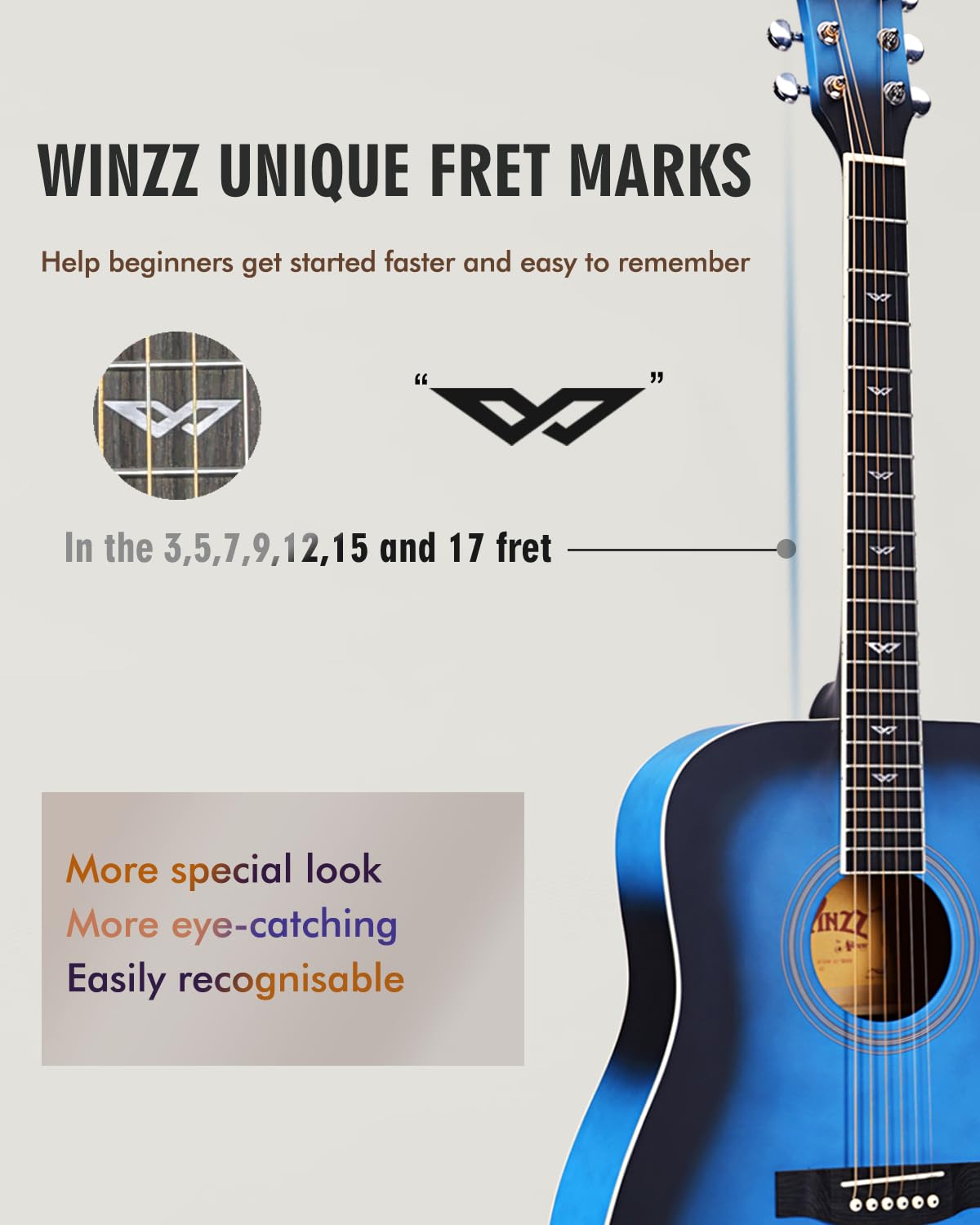 Winzz Akustikgitarren 4/4, Anfänger Gitarren 41 Zoll mit Gitarrentkoffer, Stimmgerät, Gurt, Plektren, Extra Saite und Gitarrenständer (Blau)