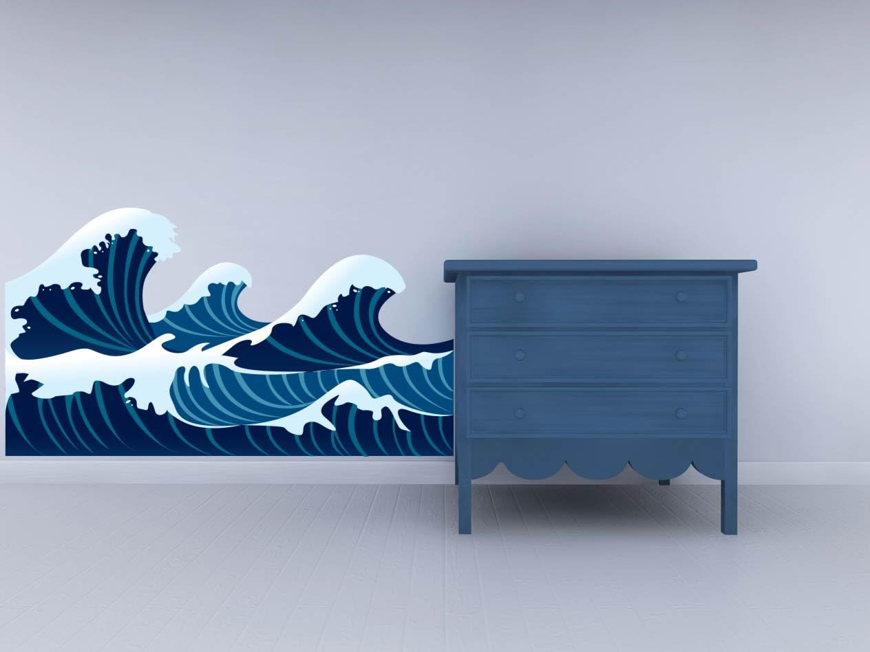 Blue Waves Sea Crashing Asian Inspired Wall Decal - 45 x 25