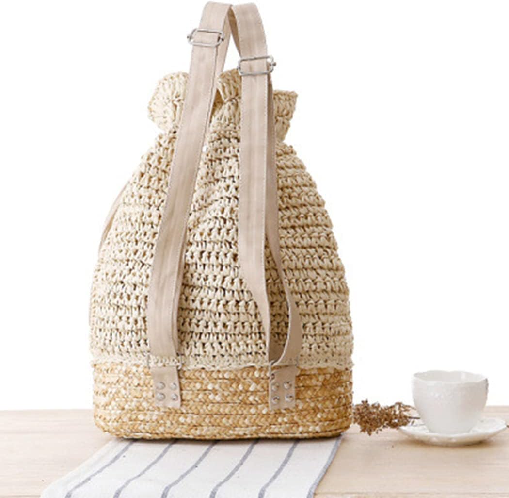 Women Knapsack Crochet Woven Straw Backpack with Leather Straps Shoulder Bags Drawstring Backpack Summer Holiday Beach Tote Beige Rucksack - Image 3