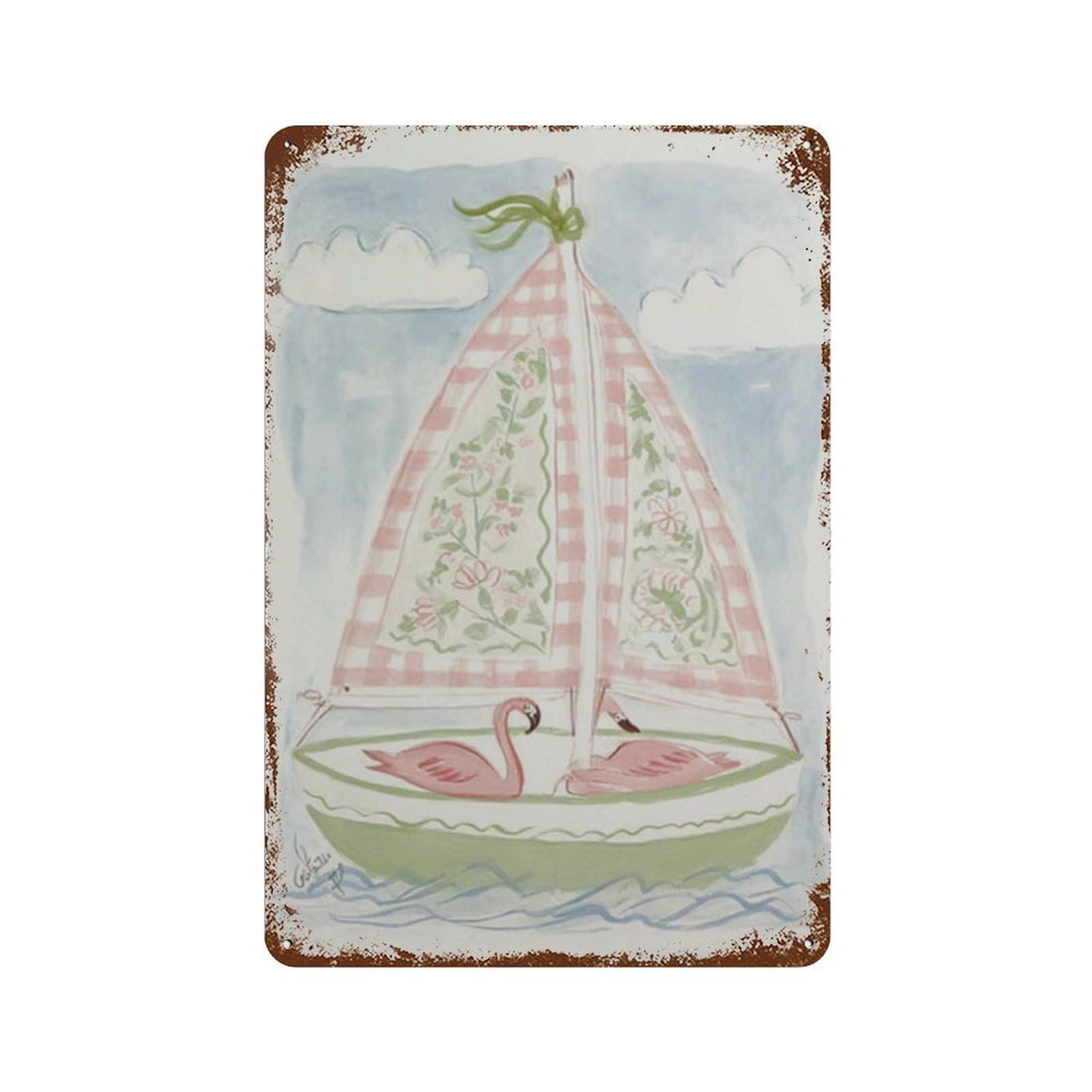 xiaoxiaoshen Cute Watercolor Flamingo Sailboat Pink Gingham Coastal Nursery Wall Decor Art Metal Tin Poster Modern Home Decor Art Home Bar Shop Decorations Vintage Sign 30x20cm