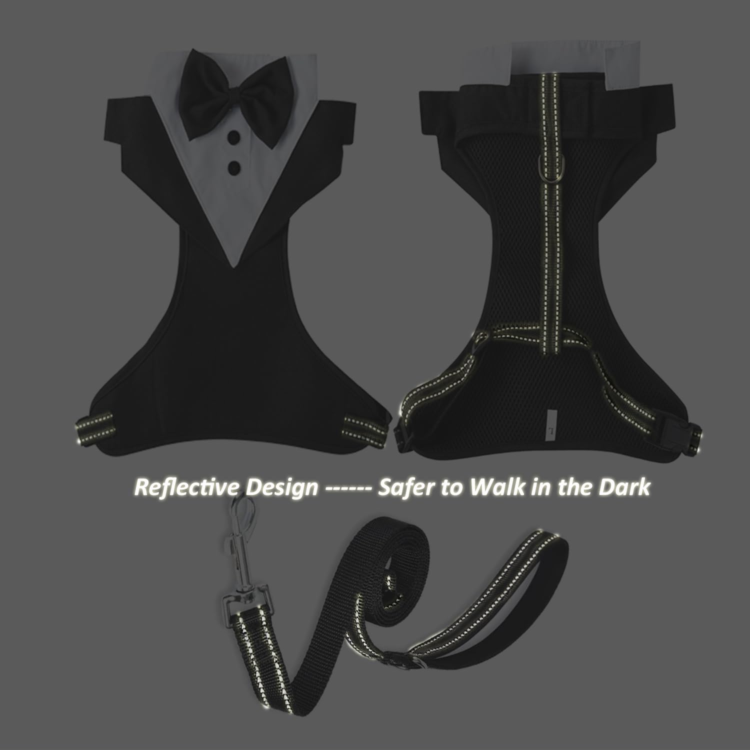 BT Bear Tuxedo Dog Harness with Leash, Formal Harness Bow Tie for Wedding,Mesh Dog Tuxedo Vest Harness for Small Medium Dogs,Black_L - Image 3