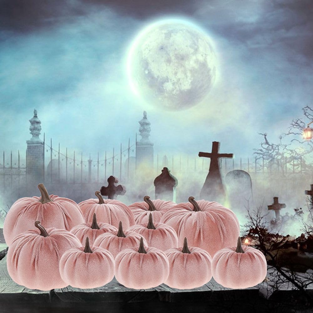 12 Pcs Artificial Velvet Fake Pumpkins Sets Halloween Thanksgiving Wedding Handmade Foam Autumn Centerpiece Kitchen Decoration Light Pink