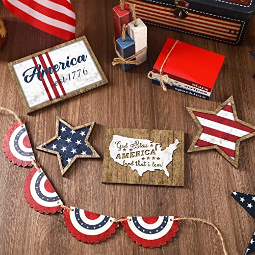 Image of FairySandy 13 Pcs Vintage 4th of July Tiered Tray Decor Rustic Patriotic 250th Anniversary Independence Day Decorations American Farmhouse Table Wooden Sign Red White Blue USA Flag for Memorial Day