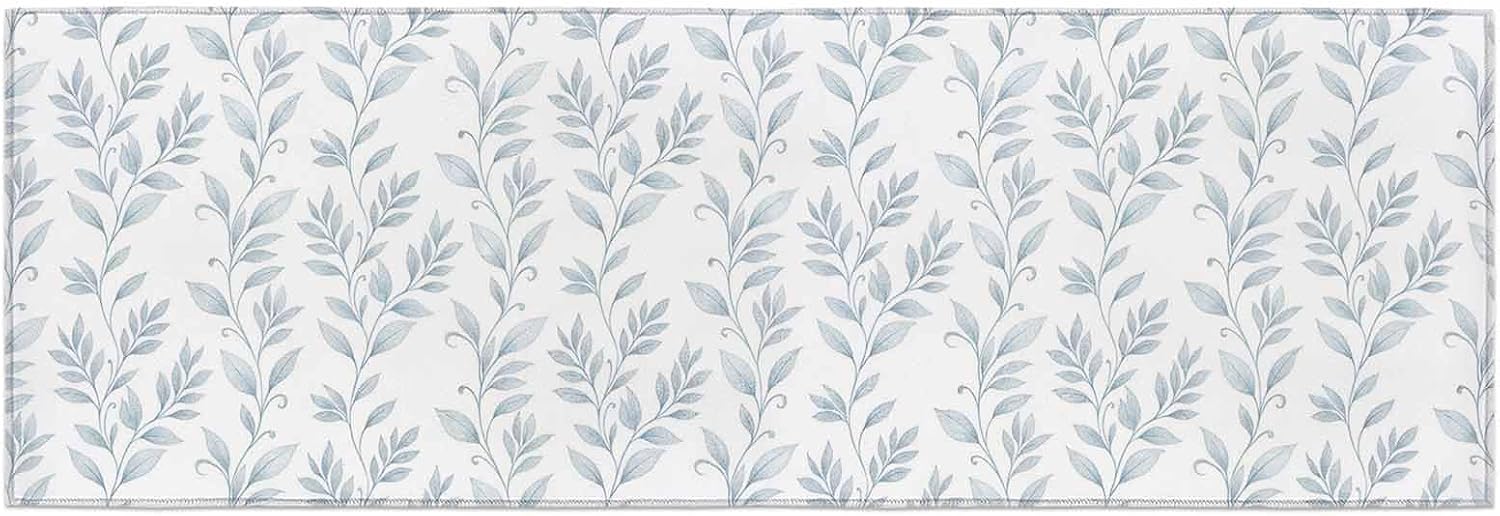 Kitchen Mats for Floor Watercolor Light Blue Botanical Leaf Washable Non Slip Kitchen Rugs 1PCS, Spring Seamless Leaves Absorbent Standing Mats for Sink Bathroom Office Living Room 15.7x47.2in