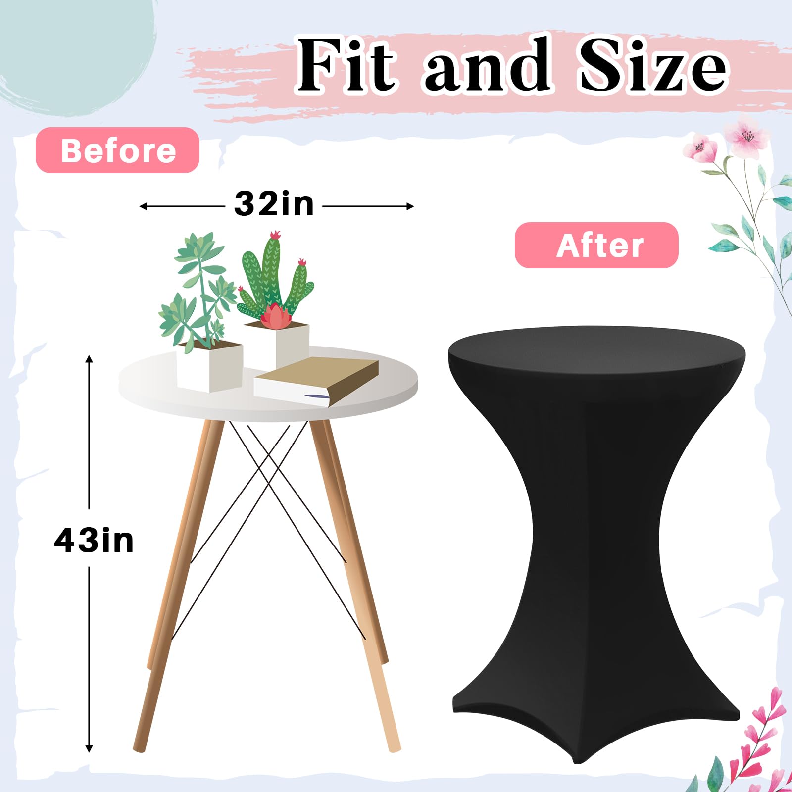 VitalCozy 6 manteles de elastano para mesa de cóctel de 81 x 109 cm con 6 bandas, ajustables, elásticos, manteles de cóctel de parte superior alta, decoración para bodas, cumpleaños, banquetes,
