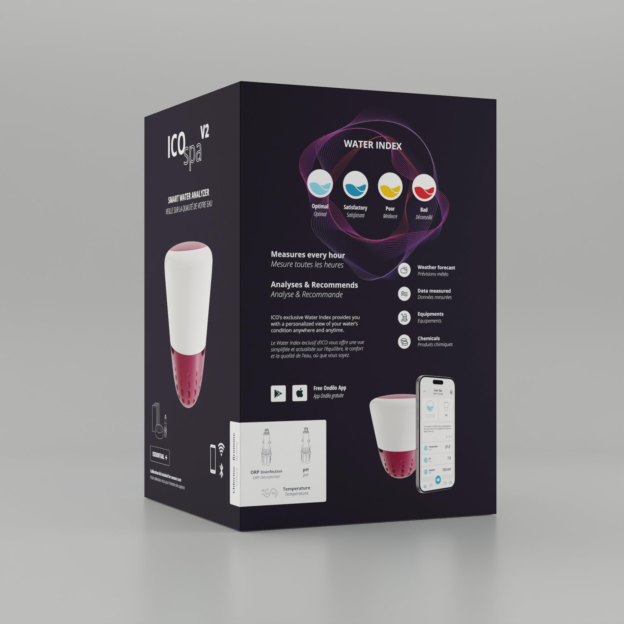 Ondilo ICO Spa V2 Essential+ Chlore Brome – Analyseur d’Eau connecté Spa | Mesures 1 fois/heure pH, ORP, température de l’eau – Kit de calibration inclus - Recommandations personnalisées