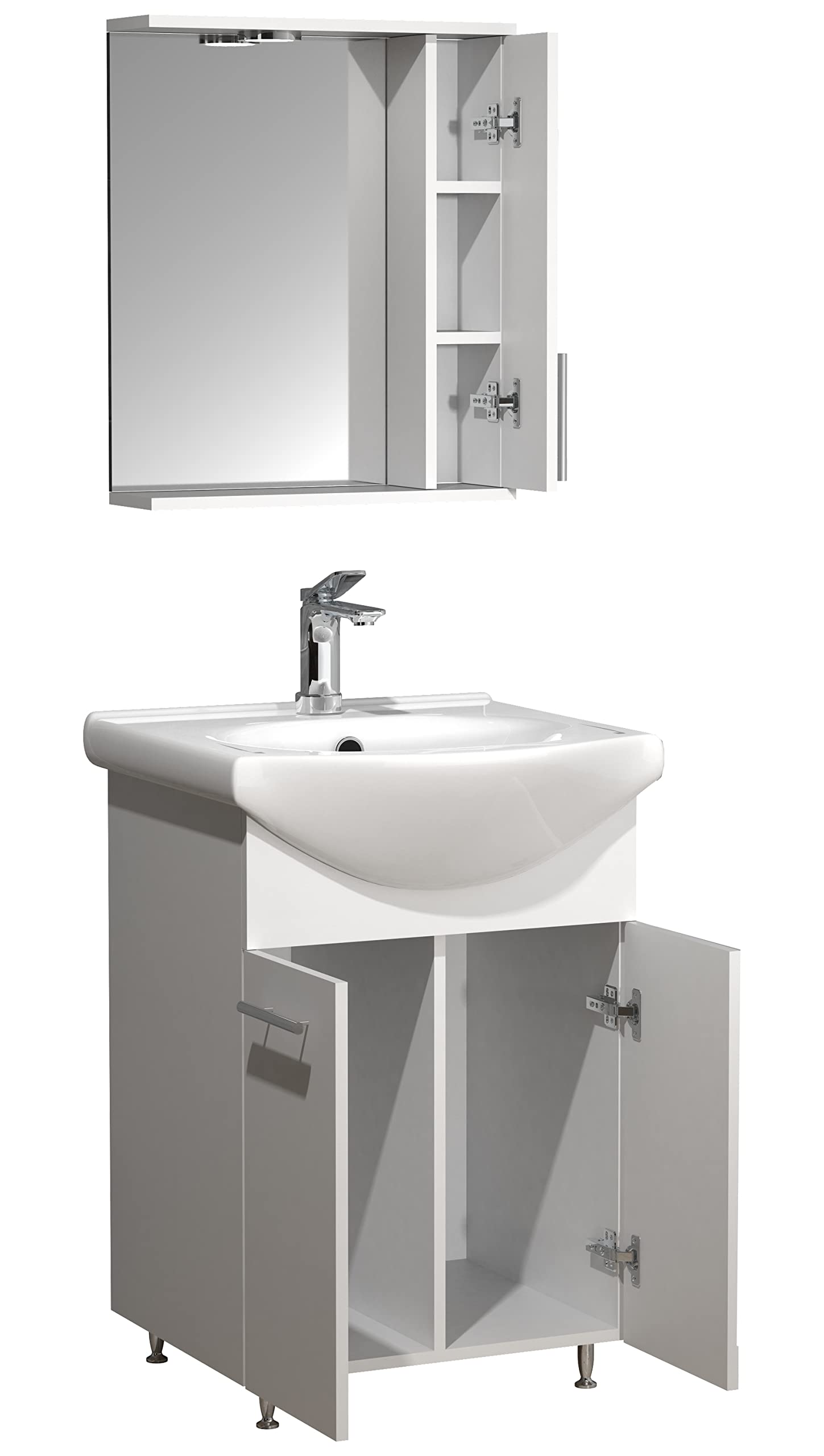VCM Mueble Lavabo 3 Piezas Lavabo Conjunto de Muebles de baño Lavabo Armario con Espejo Puertas batientes Lisalo M Blanco