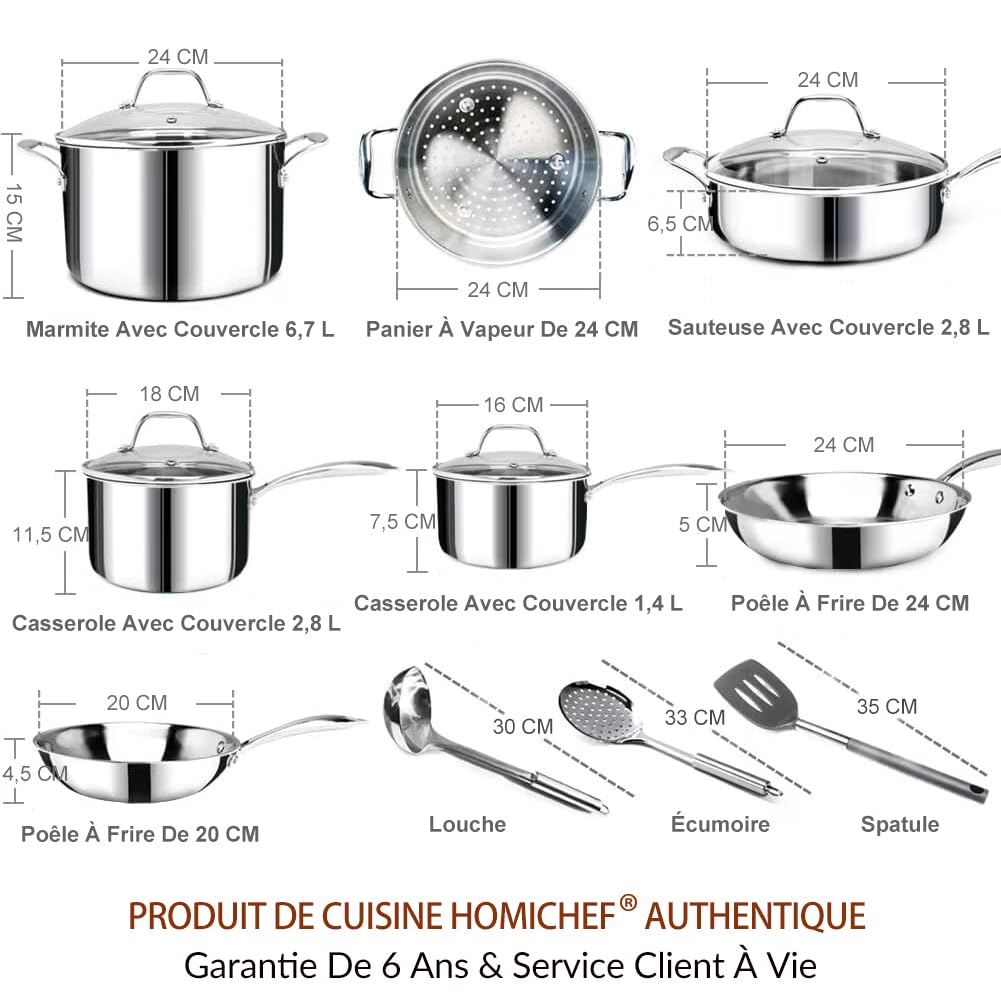 HOMICHEF batterie de cuisine en acier inoxydable sans nickel 14 pièces 3 Plis Entièrement Revêtue - Marmites et poêles polies miroir - Batterie de cuisine à induction non toxique avec cuiseur vapeur